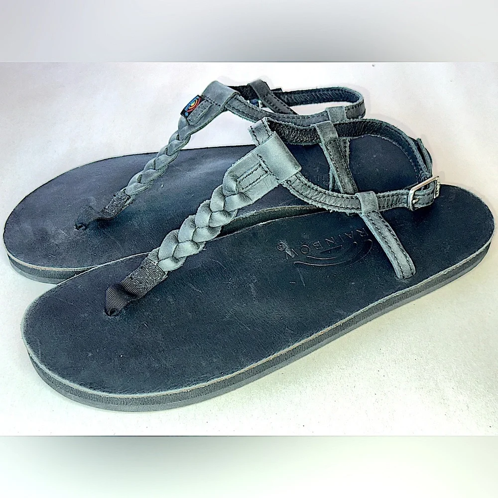 Rainbow Womens 8 8.5 9 Large T Street Black Leather Sandals Shoes‎